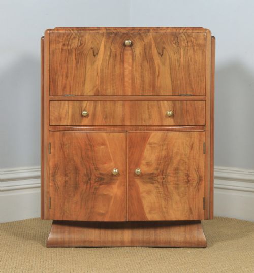 fig 2. Antique English Art Deco Figured Walnut Cocktail Bow Front Cabinet by F.H. Marshall (Circa 1940)