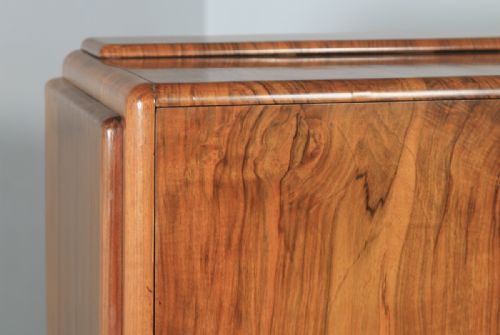fig 7. Antique English Art Deco Figured Walnut Cocktail Bow Front Cabinet by F.H. Marshall (Circa 1940)