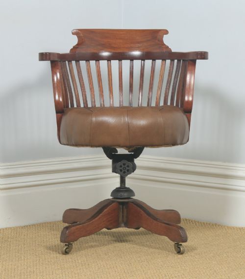 fig 1. Antique English Victorian Mahogany & Tan Brown Leather Revolving Desk Arm Chair (Circa 1900)