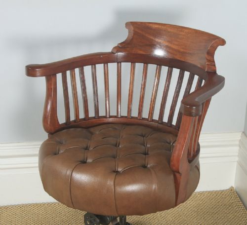 fig 2. Antique English Victorian Mahogany & Tan Brown Leather Revolving Desk Arm Chair (Circa 1900)