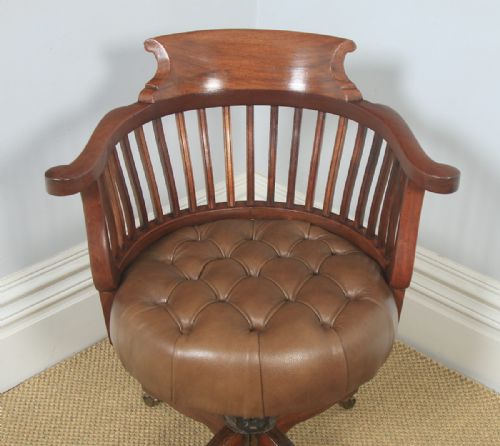 fig 3. Antique English Victorian Mahogany & Tan Brown Leather Revolving Desk Arm Chair (Circa 1900)