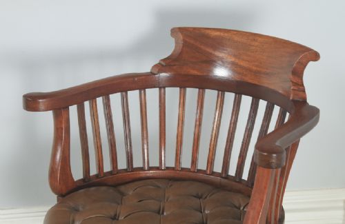 fig 4. Antique English Victorian Mahogany & Tan Brown Leather Revolving Desk Arm Chair (Circa 1900)