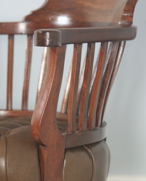 fig 7. Antique English Victorian Mahogany & Tan Brown Leather Revolving Desk Arm Chair (Circa 1900)