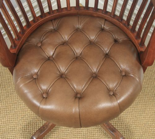 fig 8. Antique English Victorian Mahogany & Tan Brown Leather Revolving Desk Arm Chair (Circa 1900)