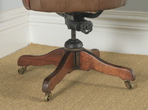 fig 9. Antique English Victorian Mahogany & Tan Brown Leather Revolving Desk Arm Chair (Circa 1900)