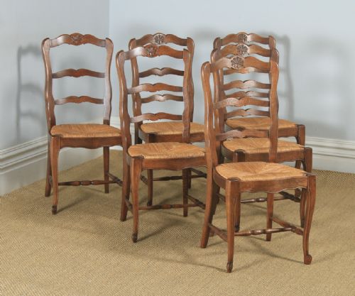 Antique French Set of 6 Six Louis XV Style Oak Ladder Back Kitchen Dining Chairs (Circa 1910)