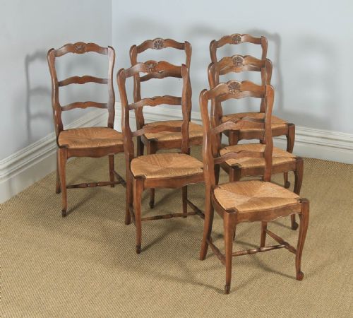 fig 1. Antique French Set of 6 Six Louis XV Style Oak Ladder Back Kitchen Dining Chairs (Circa 1910)