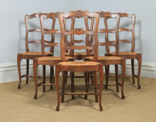 fig 2. Antique French Set of 6 Six Louis XV Style Oak Ladder Back Kitchen Dining Chairs (Circa 1910)