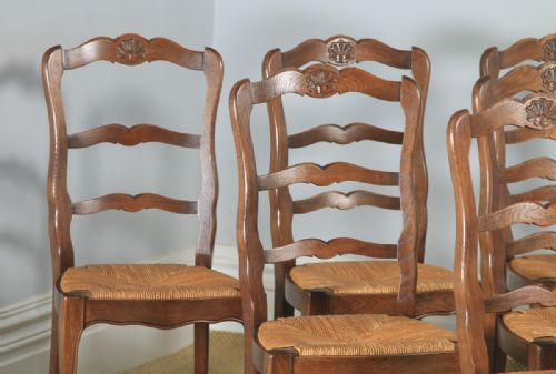 fig 3. Antique French Set of 6 Six Louis XV Style Oak Ladder Back Kitchen Dining Chairs (Circa 1910)