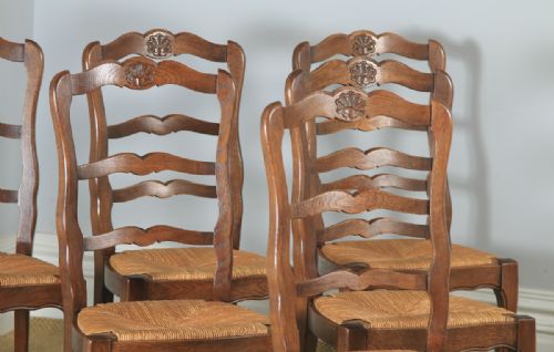 fig 4. Antique French Set of 6 Six Louis XV Style Oak Ladder Back Kitchen Dining Chairs (Circa 1910)