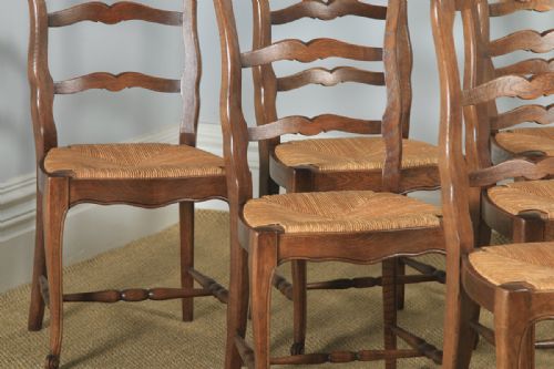 fig 5. Antique French Set of 6 Six Louis XV Style Oak Ladder Back Kitchen Dining Chairs (Circa 1910)