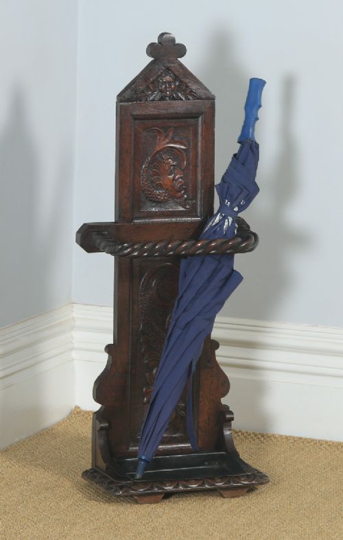 fig 1. Antique English Victorian Oak Green Man Carved Stick & Umbrella Hall Stand (Circa 1860)