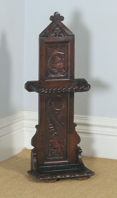 Antique English Victorian Oak Green Man Carved Stick & Umbrella Hall Stand (Circa 1860)