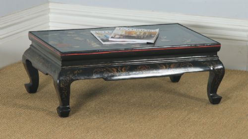Antique Oriental Victorian Ebony Black Lacquered Glass Top Inlaid Opium / Coffee Table (Circa 1840)