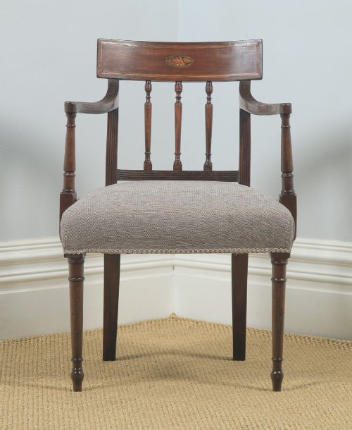 fig 1. Antique English Georgian Regency Mahogany Inlaid Bar Back Elbow Desk Dining Armchair Carver (Circa 1825)