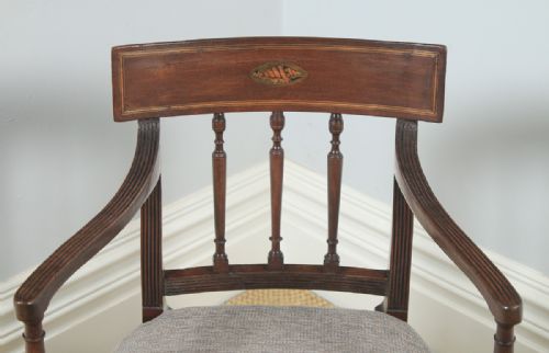 fig 5. Antique English Georgian Regency Mahogany Inlaid Bar Back Elbow Desk Dining Armchair Carver (Circa 1825)