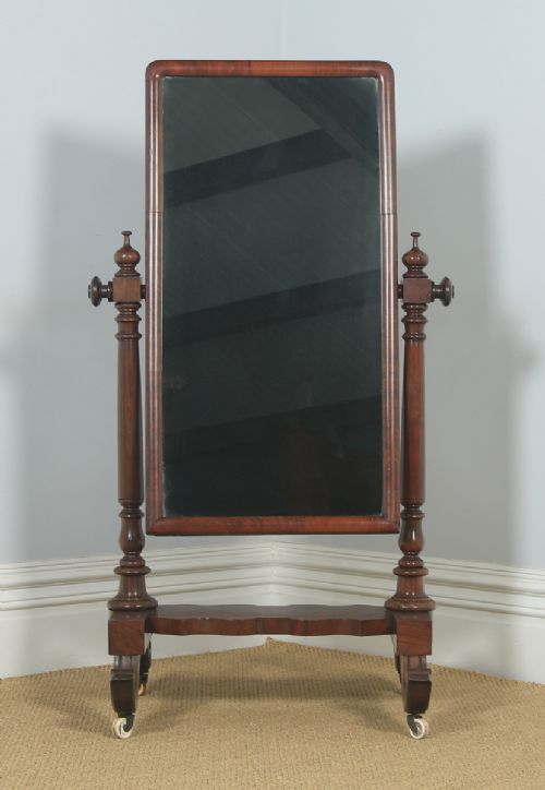 fig 1. Antique English Victorian Flame Mahogany Floor Standing Rectangular Cheval / Dressing Mirror (Circa 1860)