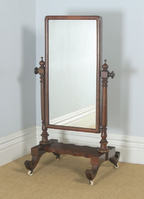 fig 2. Antique English Victorian Flame Mahogany Floor Standing Rectangular Cheval / Dressing Mirror (Circa 1860)