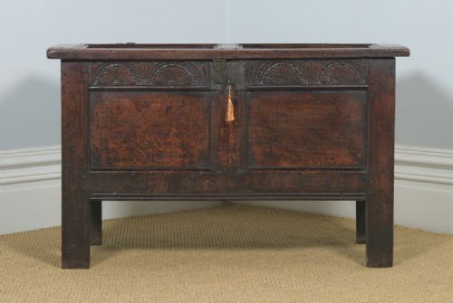fig 2. Antique English 18th Century Georgian Oak Joined & Panelled Coffer Chest Blanket Box Trunk (Circa 1730)