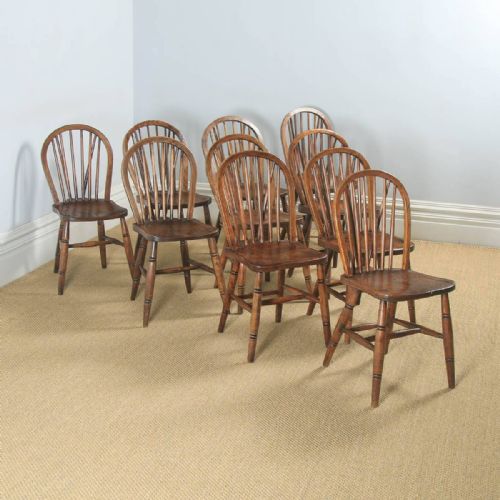 Antique English Set of 10 Ten Victorian Ash, Beech & Elm Windsor Stick & Hoop Back Kitchen Dining Chairs (Circa 1900)
