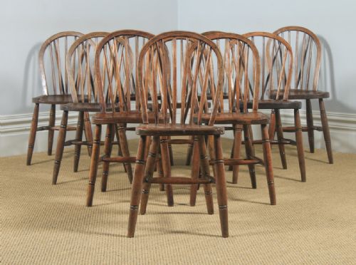 fig 1. Antique English Set of 10 Ten Victorian Ash, Beech & Elm Windsor Stick & Hoop Back Kitchen Dining Chairs (Circa 1900)