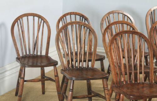 fig 2. Antique English Set of 10 Ten Victorian Ash, Beech & Elm Windsor Stick & Hoop Back Kitchen Dining Chairs (Circa 1900)