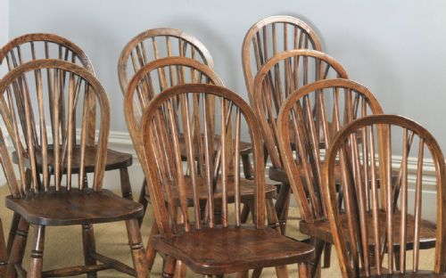 fig 3. Antique English Set of 10 Ten Victorian Ash, Beech & Elm Windsor Stick & Hoop Back Kitchen Dining Chairs (Circa 1900)