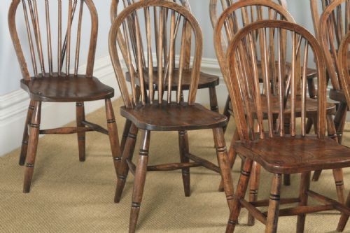fig 4. Antique English Set of 10 Ten Victorian Ash, Beech & Elm Windsor Stick & Hoop Back Kitchen Dining Chairs (Circa 1900)