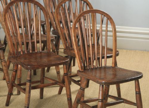 fig 5. Antique English Set of 10 Ten Victorian Ash, Beech & Elm Windsor Stick & Hoop Back Kitchen Dining Chairs (Circa 1900)