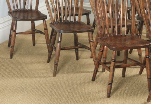 fig 6. Antique English Set of 10 Ten Victorian Ash, Beech & Elm Windsor Stick & Hoop Back Kitchen Dining Chairs (Circa 1900)