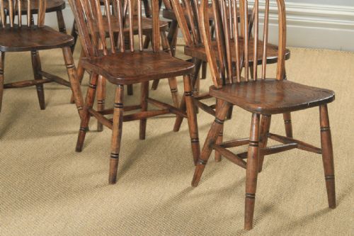 fig 7. Antique English Set of 10 Ten Victorian Ash, Beech & Elm Windsor Stick & Hoop Back Kitchen Dining Chairs (Circa 1900)