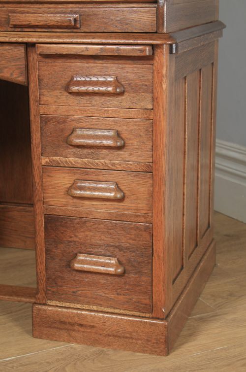 fig 7. Antique English Edwardian 4ft” Solid Oak Roll Top Pedestal Office Desk (Circa 1910)