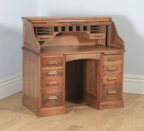 fig 8. Antique English Edwardian 4ft” Solid Oak Roll Top Pedestal Office Desk (Circa 1910)