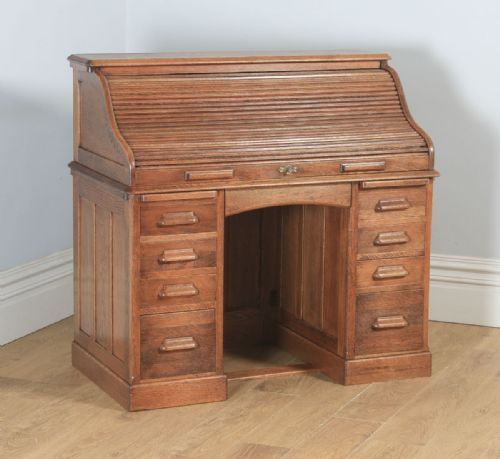 fig 1. Antique English Edwardian 4ft” Solid Oak Roll Top Pedestal Office Desk (Circa 1910)