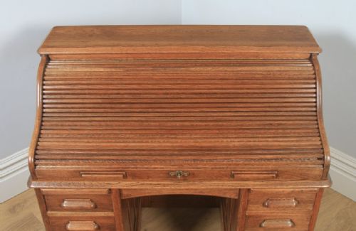 fig 2. Antique English Edwardian 4ft” Solid Oak Roll Top Pedestal Office Desk (Circa 1910)