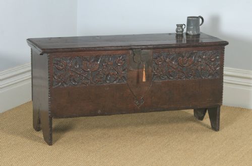 Antique English Charles I Oak Carved Six Plank Boarded Coffer Chest Blanket Box (Circa 1650)
