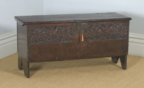fig 1. Antique English Charles I Oak Carved Six Plank Boarded Coffer Chest Blanket Box (Circa 1650)