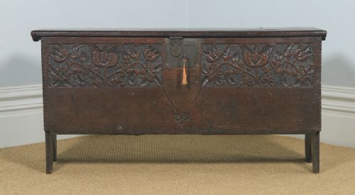 fig 2. Antique English Charles I Oak Carved Six Plank Boarded Coffer Chest Blanket Box (Circa 1650)