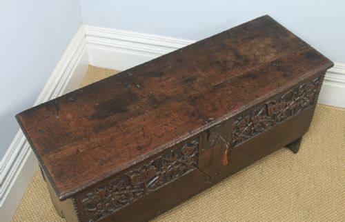 fig 3. Antique English Charles I Oak Carved Six Plank Boarded Coffer Chest Blanket Box (Circa 1650)