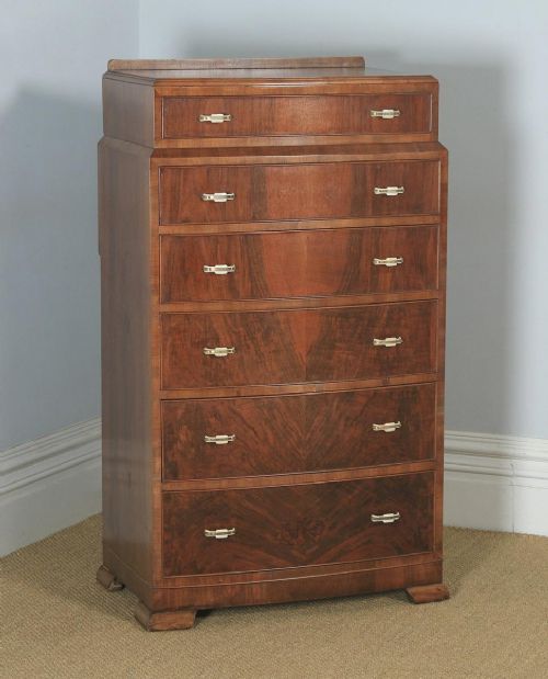 Antique English Art Deco Bow Front Burr Walnut Bedroom Chest of Drawers / Tallboy (Circa 1930)
