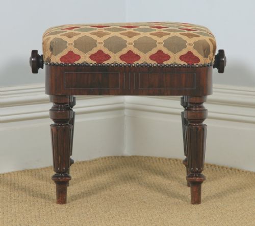 fig 1. Antique English Victorian Rosewood Upholstered Rise & Fall Height Adjustable Stool (Circa 1850)