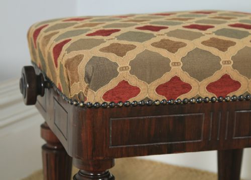 fig 5. Antique English Victorian Rosewood Upholstered Rise & Fall Height Adjustable Stool (Circa 1850)