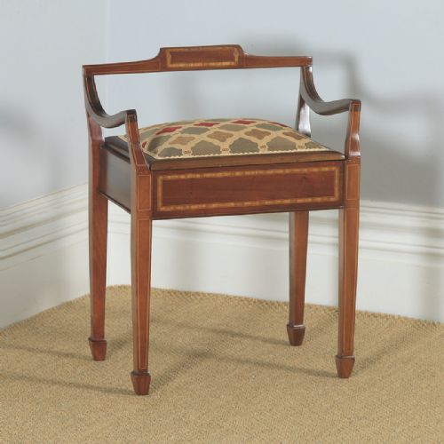 Antique English Edwardian Mahogany & Satinwood Inlaid Low Back Piano Stool (Circa 1910)
