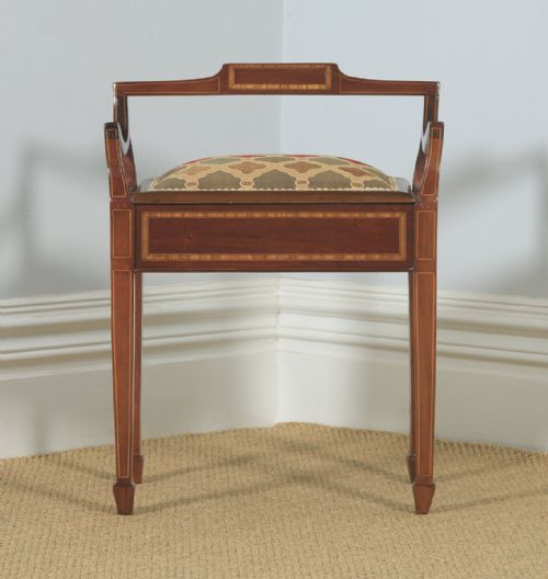 fig 1. Antique English Edwardian Mahogany & Satinwood Inlaid Low Back Piano Stool (Circa 1910)