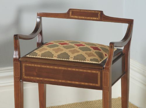 fig 2. Antique English Edwardian Mahogany & Satinwood Inlaid Low Back Piano Stool (Circa 1910)