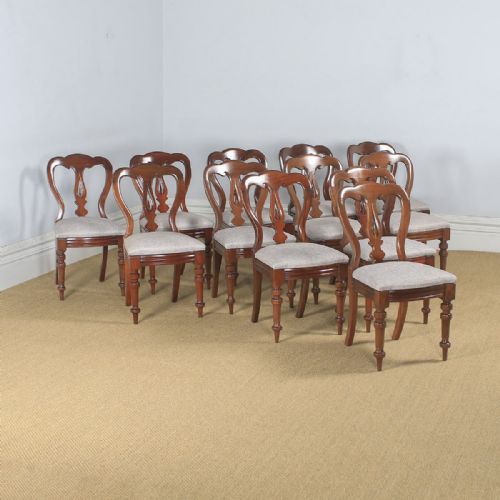 Antique English Victorian Set of 12 Twelve Mahogany Balloon Spear Back Dining Chairs (Circa 1870)
