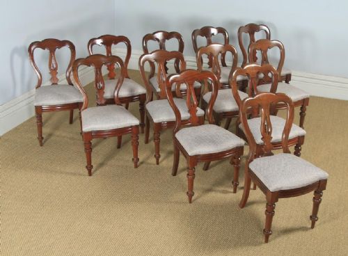 fig 7. Antique English Victorian Set of 12 Twelve Mahogany Balloon Spear Back Dining Chairs (Circa 1870)