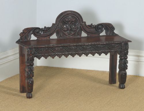 Antique English Victorian Gothic Carved Oak Hall / Window Bench Seat Stool (Circa 1880)