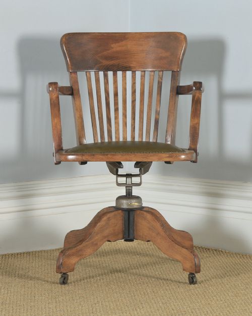 fig 1. Antique English Edwardian Solid Beech & Green Leather Revolving Office Desk Arm Chair (Circa 1910)