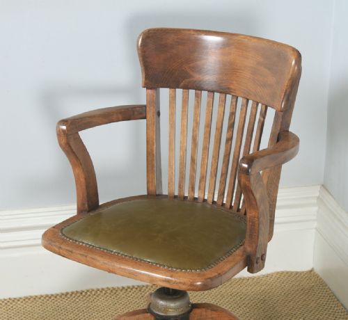 fig 2. Antique English Edwardian Solid Beech & Green Leather Revolving Office Desk Arm Chair (Circa 1910)